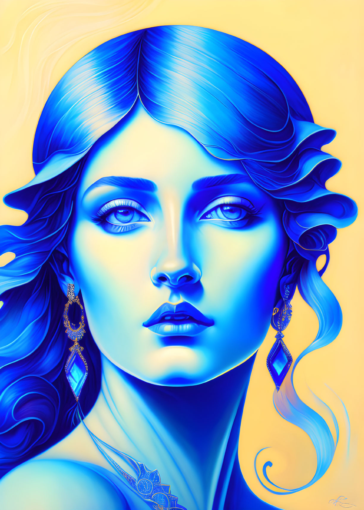Detailed digital portrait of woman with blue skin and wavy hair against yellow background