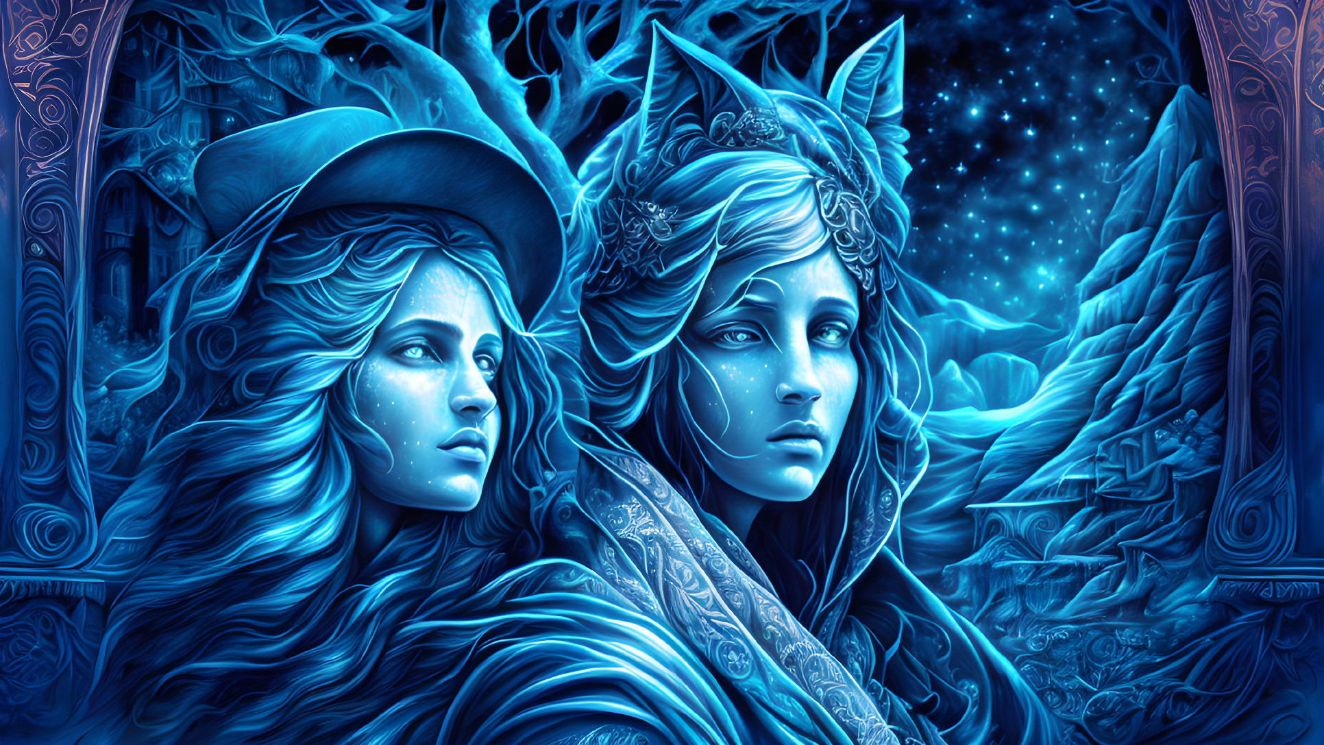 Mystical women with elaborate headwear in blue starry landscape