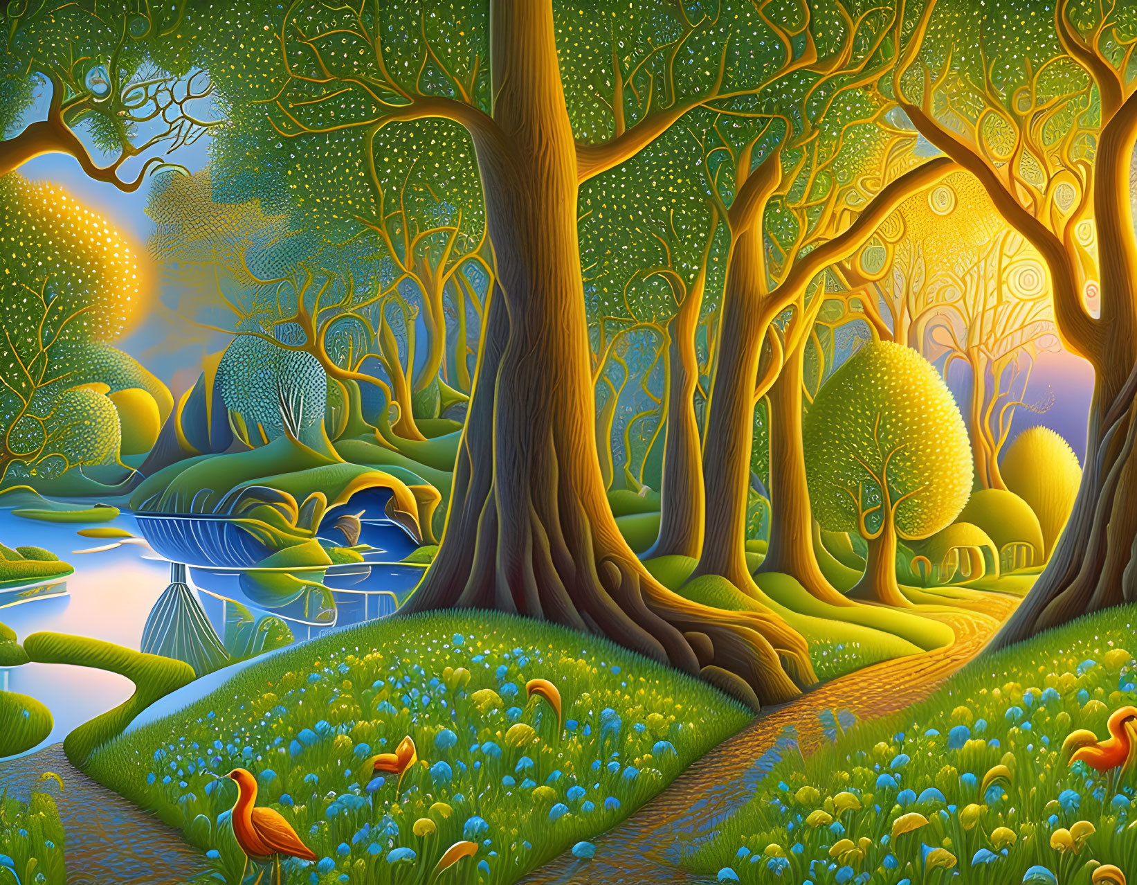 Vibrant landscape with stylized trees, glowing sun, river, flowers, and birds