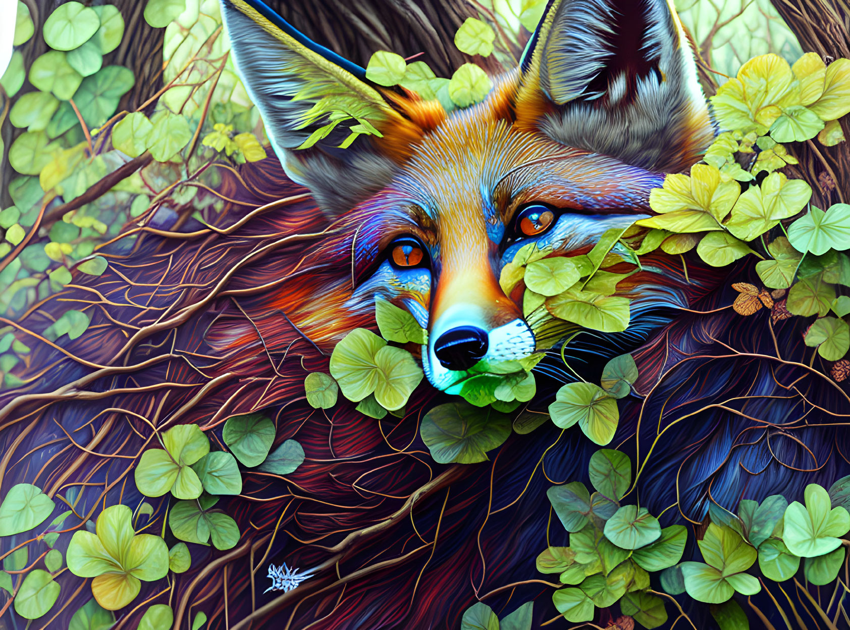 Colorful Fox Illustration with Blue Eyes in Green Foliage