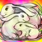Colorful Illustration of Four Rabbits in Wicker Basket with Flowers