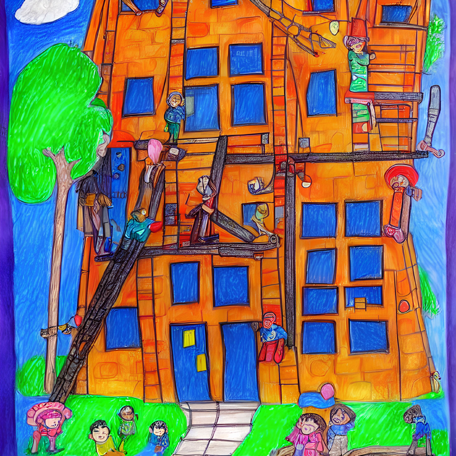 Colorful child-like drawing of people near tall orange building.