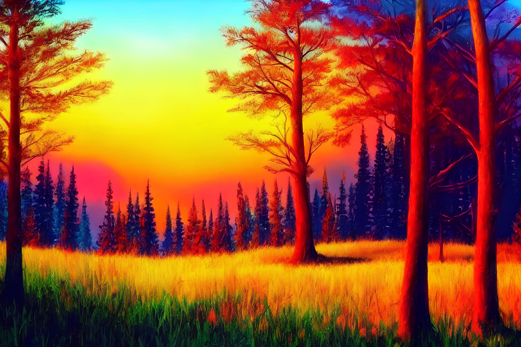 Colorful Sunset Forest Landscape with Silhouetted Pine Trees