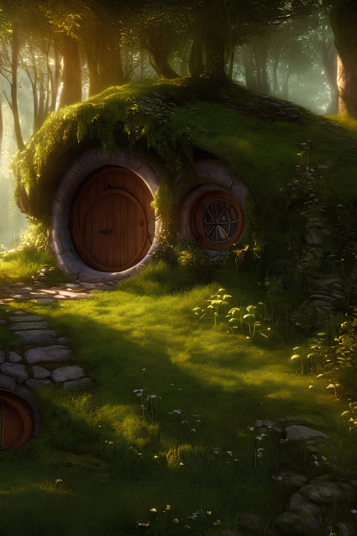 Whimsical hobbit-style house in lush woodland setting