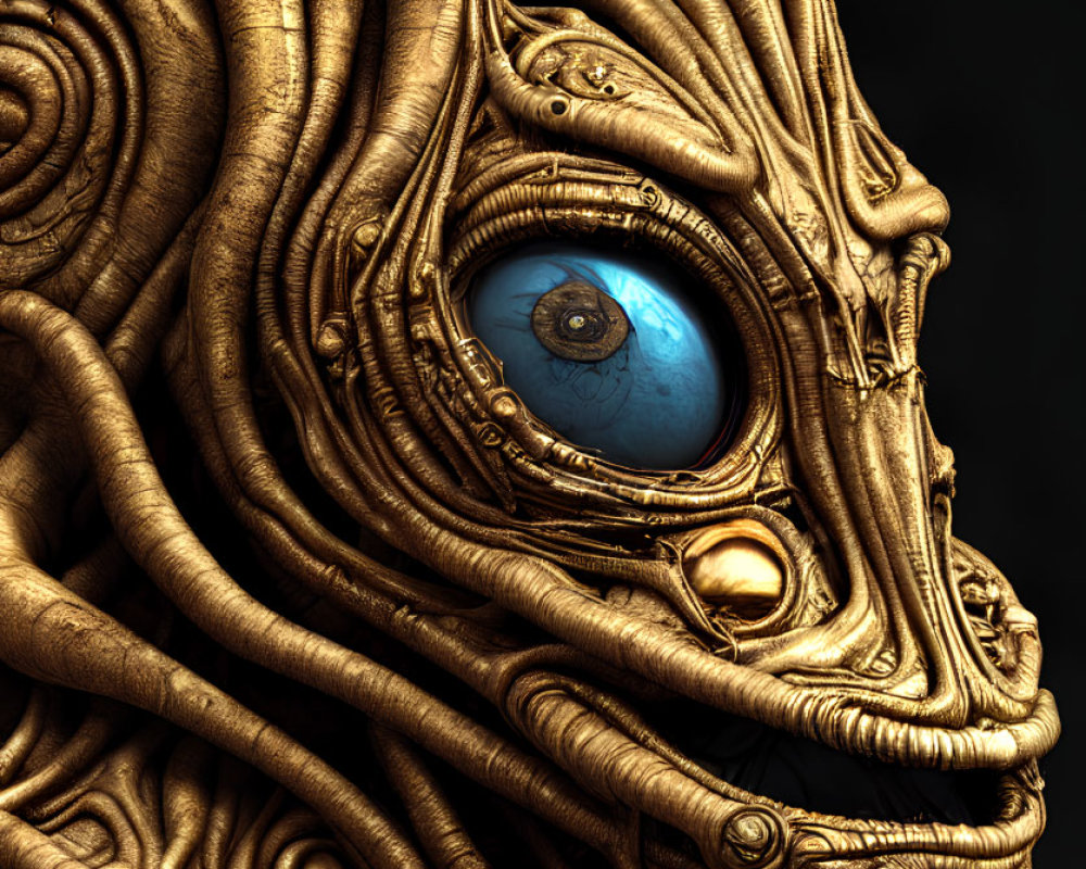 Intricate Golden Mask with Blue Eye and Swirling Patterns