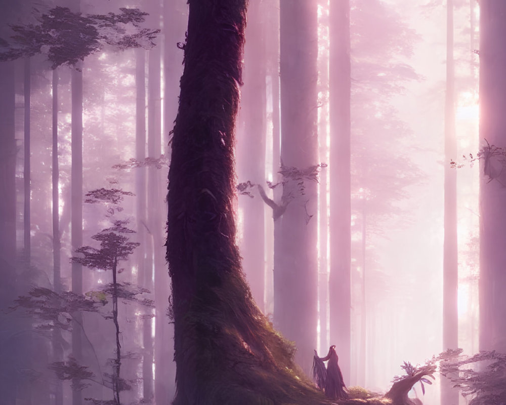 Mystical forest with tall trees and cloaked figure