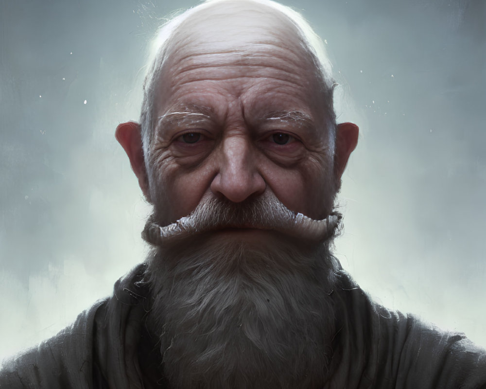 Elderly man with white beard and stern gaze on smoky-gray background