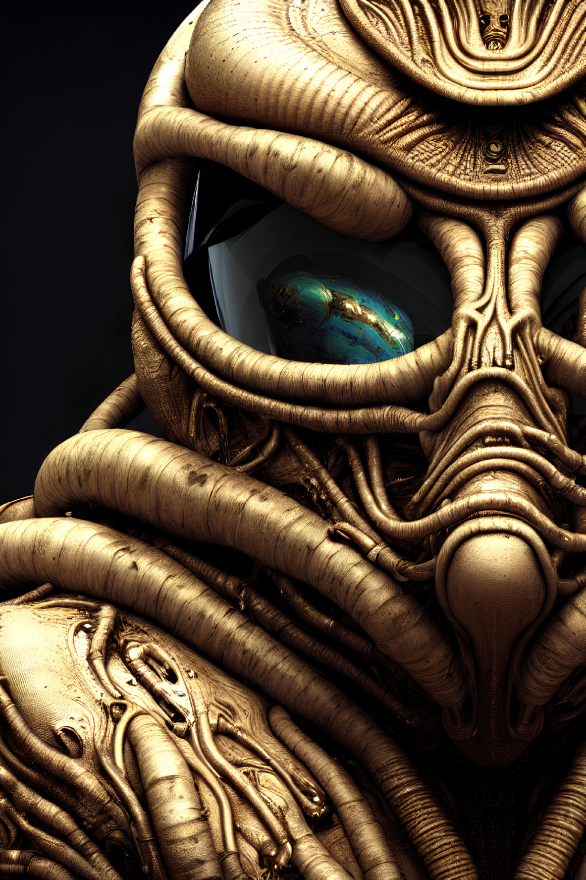 Digital artwork of humanoid figure with ornate golden tentacles & blue eye