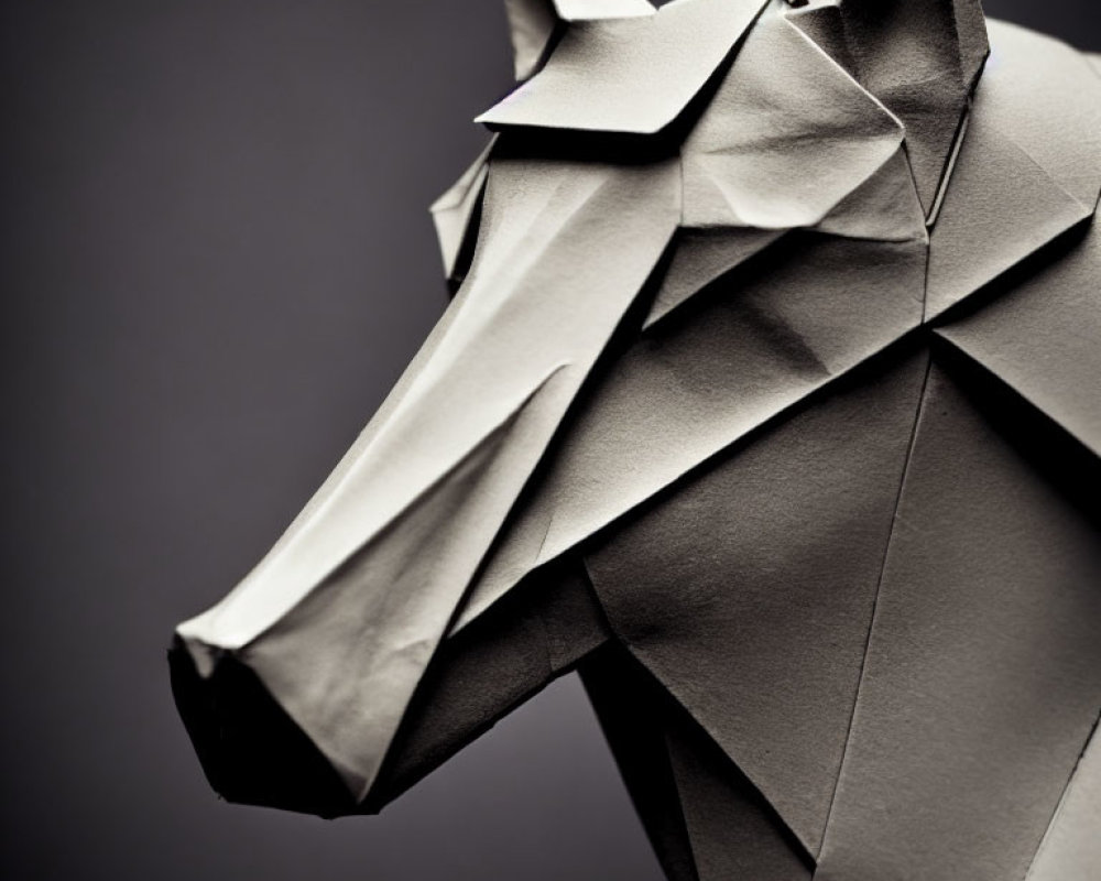Geometric Origami Wolf Head on Blurred Background