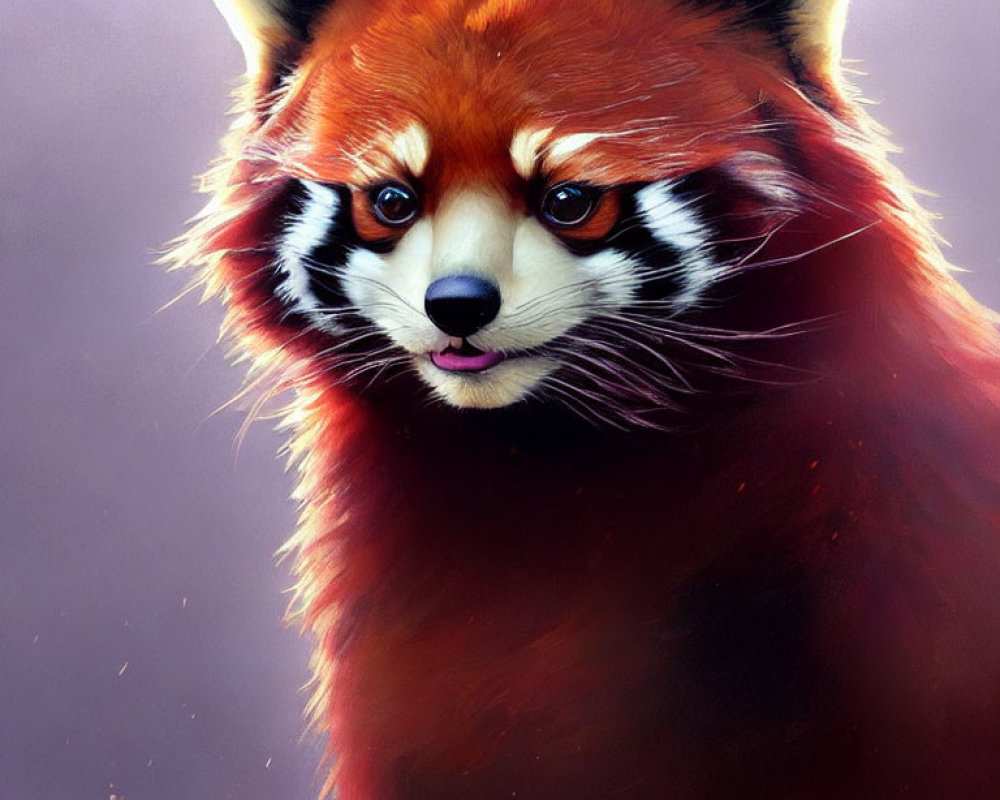 Detailed red panda illustration with expressive face and fur texture on purple background