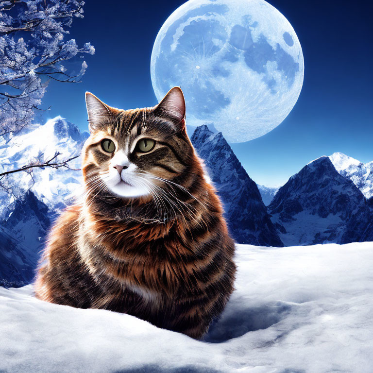 Tabby cat on snowy mountain landscape with full moon