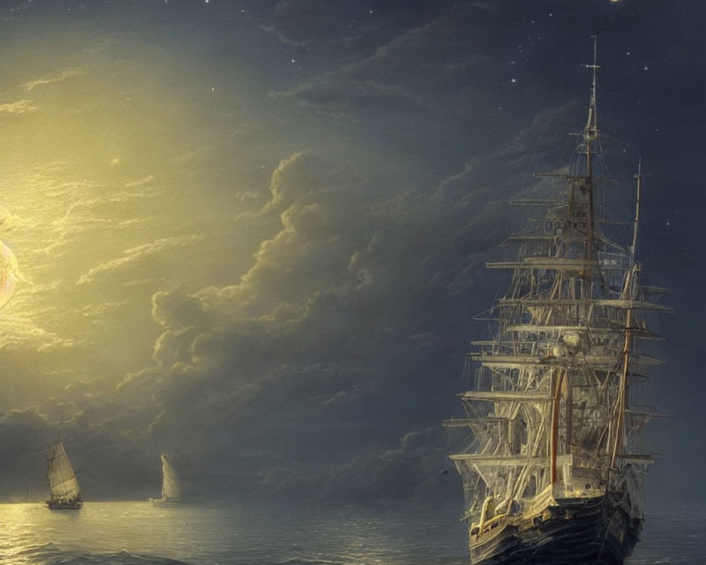 Majestic tall ship sailing at night under moonlit sky
