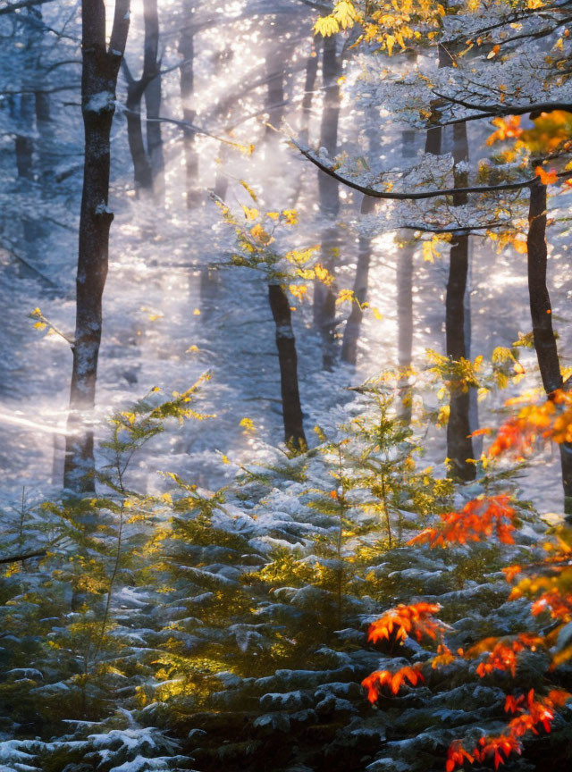 Misty forest scene with young evergreen trees and autumn leaves