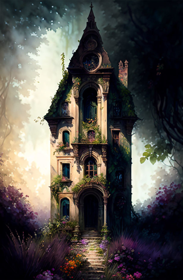 Illustration of tall clocktower covered in ivy among colorful flora in misty setting