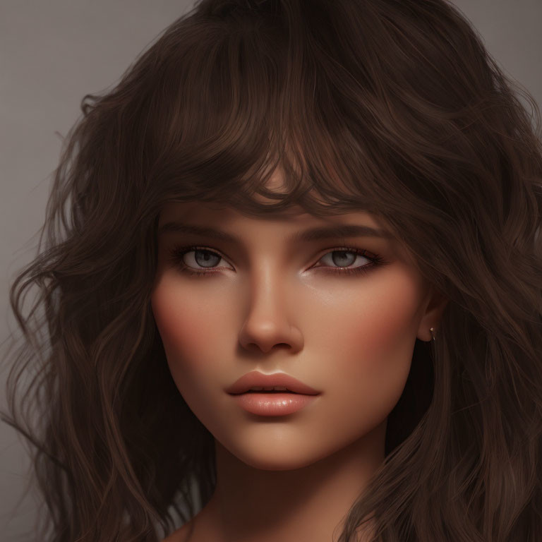 Young woman digital portrait with tousled brown hair and blue eyes