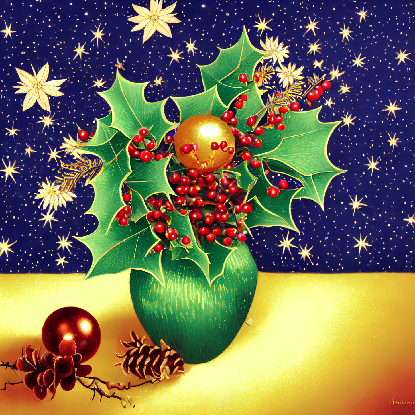 Festive vase with holly, pine cones, and ornaments on starry night background
