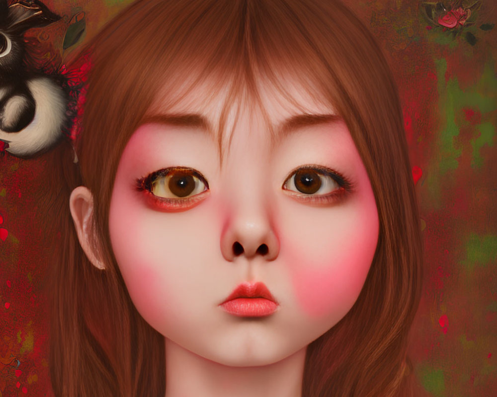 Detailed digital artwork featuring a girl with large brown eyes and rosy cheeks against a backdrop of abstract red
