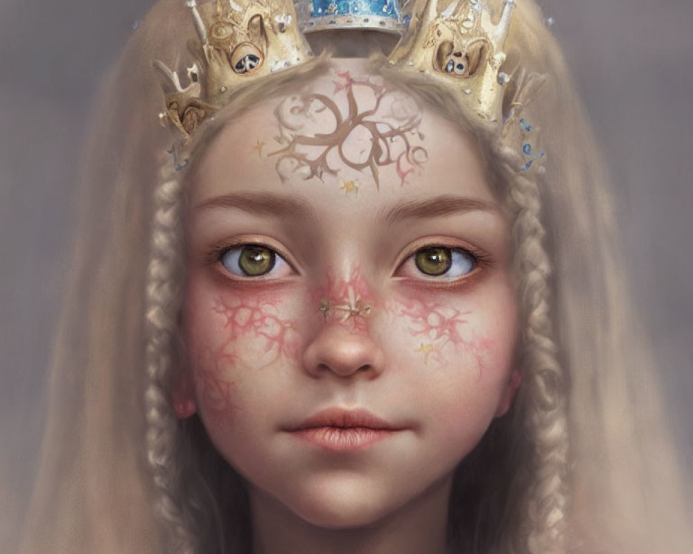 Digital artwork of fair-skinned girl with green eyes, gold crown, and red vein-like patterns