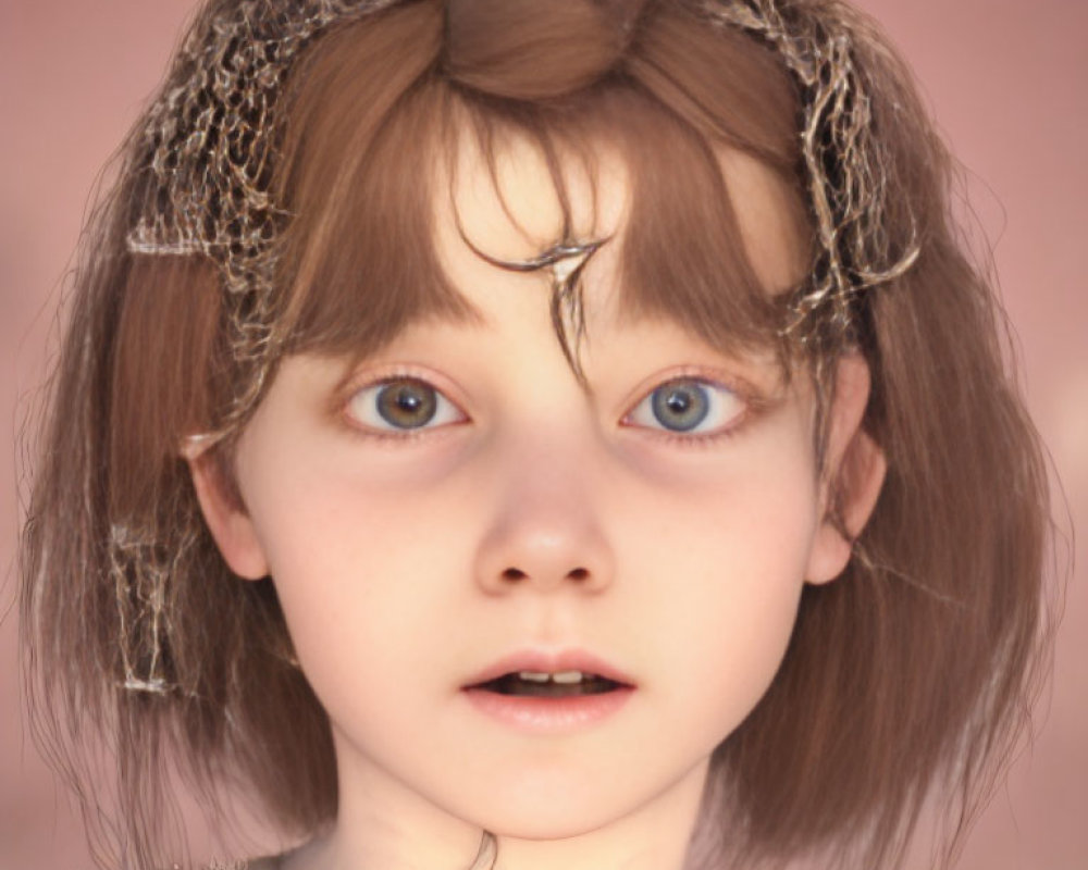Digital artwork featuring a young girl with blue eyes, brown hair, twig crown, and leaf pendant