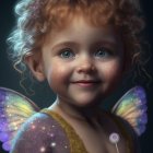 Curly-Haired Child Dressed as Fairy with Translucent Wings