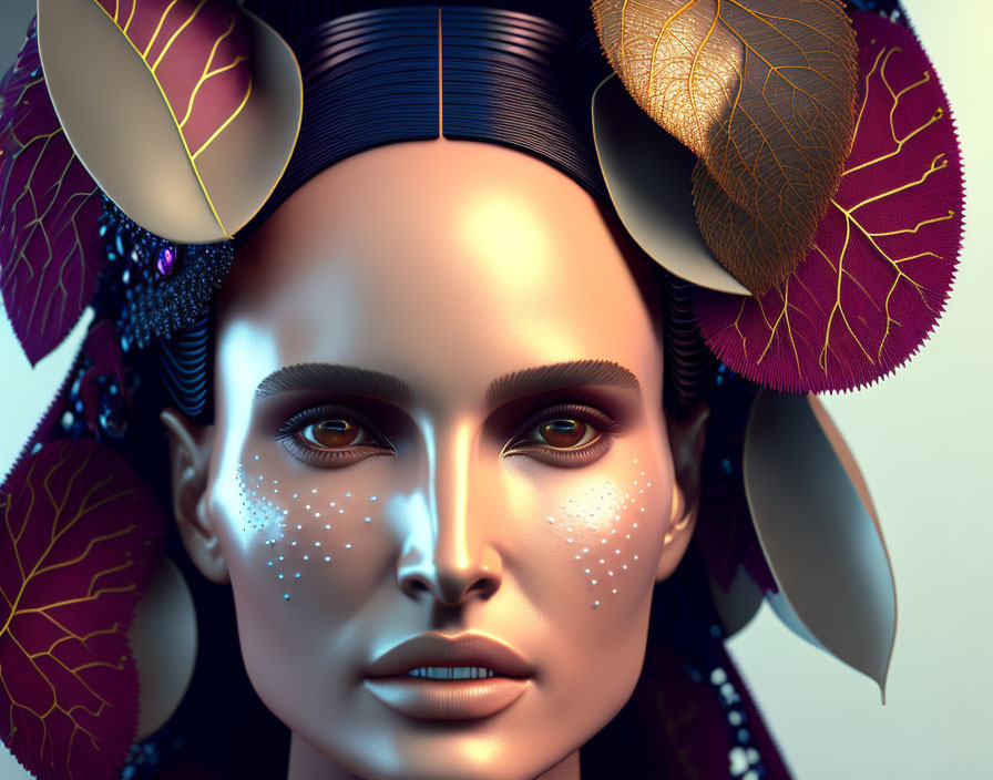 Detailed digital portrait of woman with leaf-like headwear and futuristic makeup.