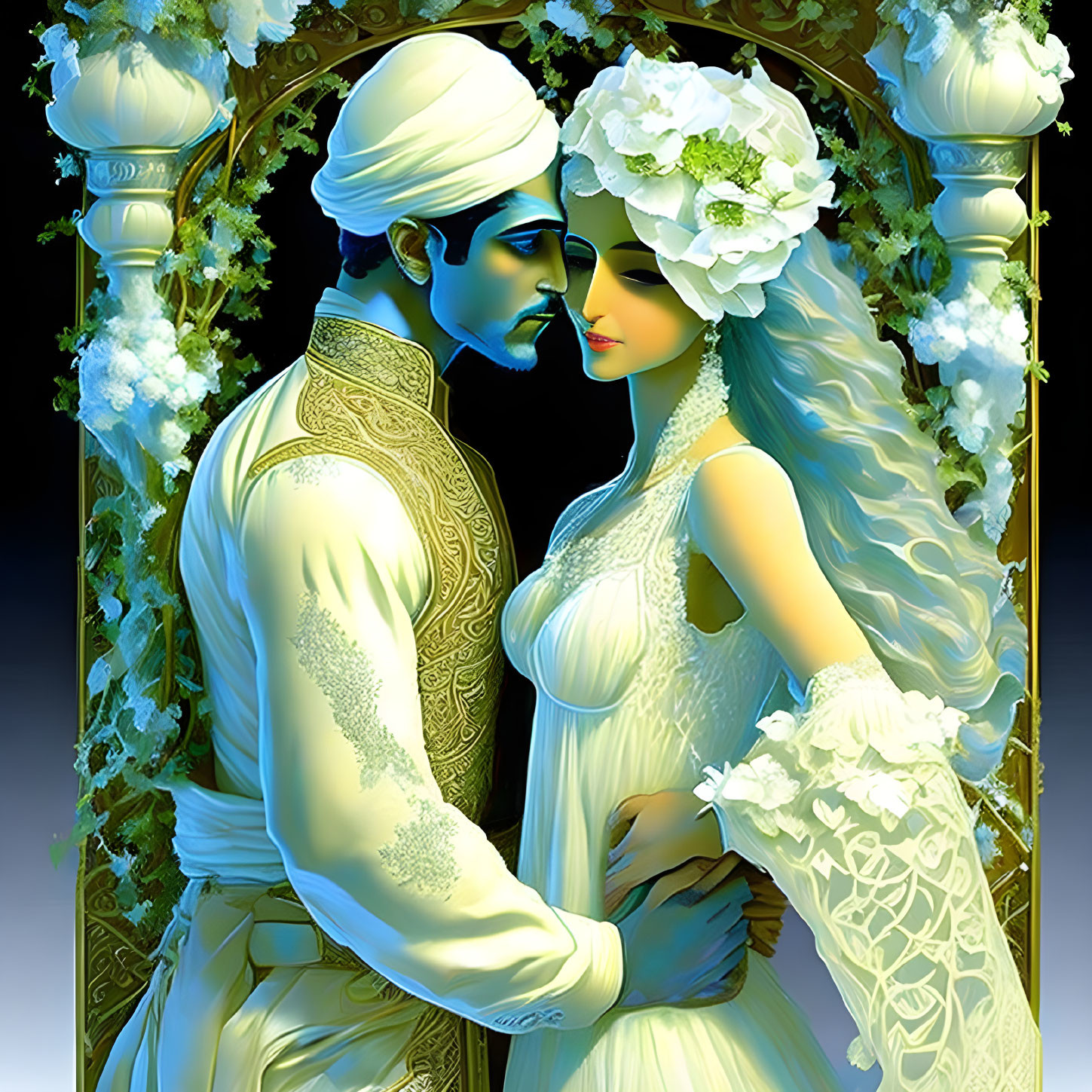 Illustrated couple in ethnic wedding attire under floral arch