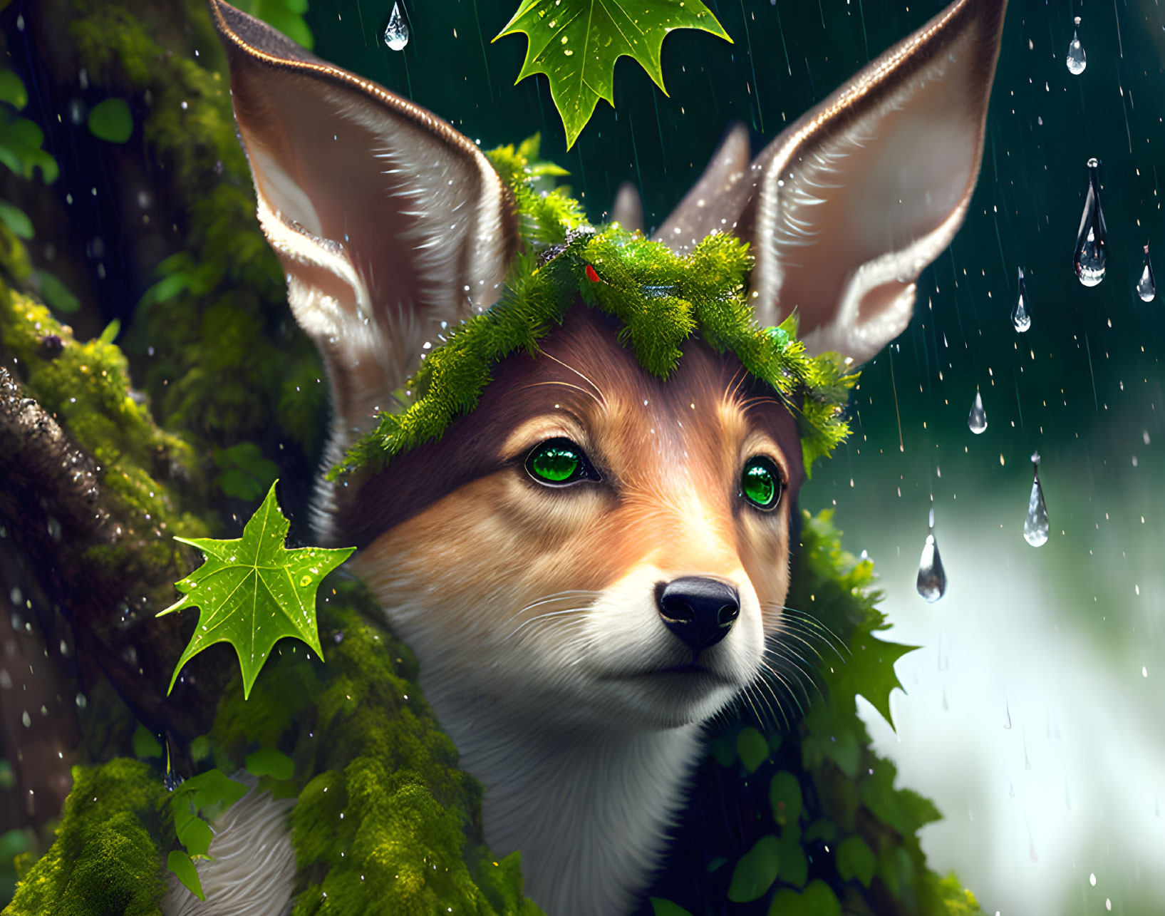 Digital artwork of fennec fox with foliage ears in rainy forest