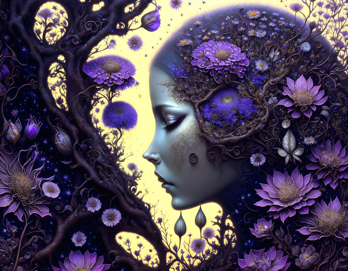 Surreal image of woman's profile with floral patterns under moonlit sky
