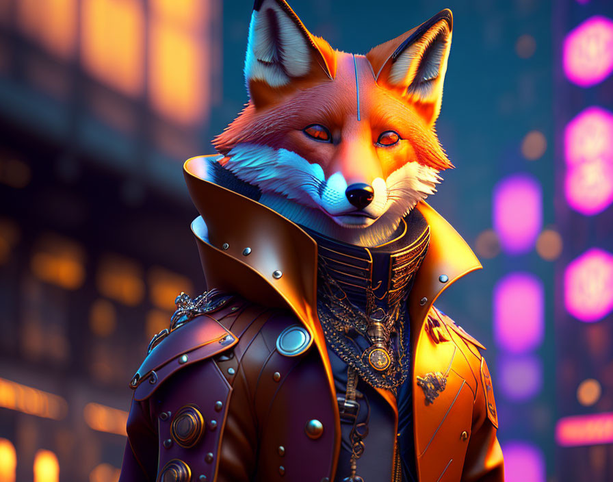 Anthropomorphic fox in leather jacket against futuristic city lights