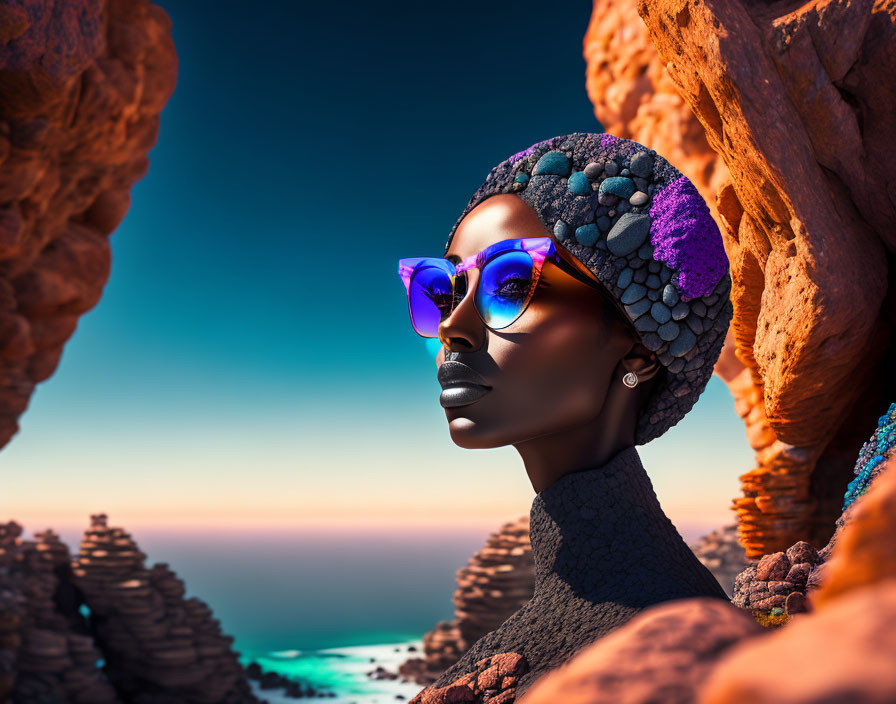Female Figure in Purple Sunglasses with Textured Headpiece by Rocky Cliffs