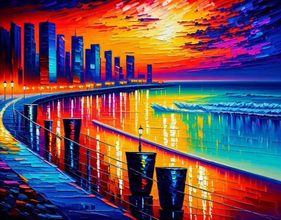Vibrant painting of seaside city skyline at sunset with reflective pathway