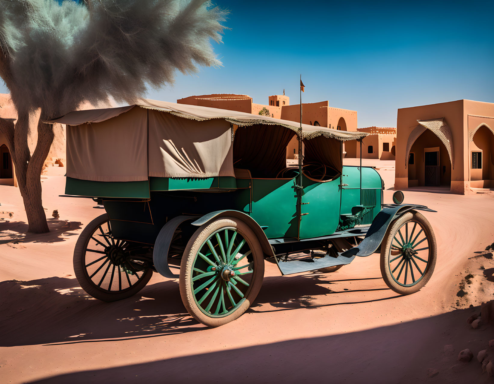 Vintage Green Wagon with White Canopy in Desert Setting