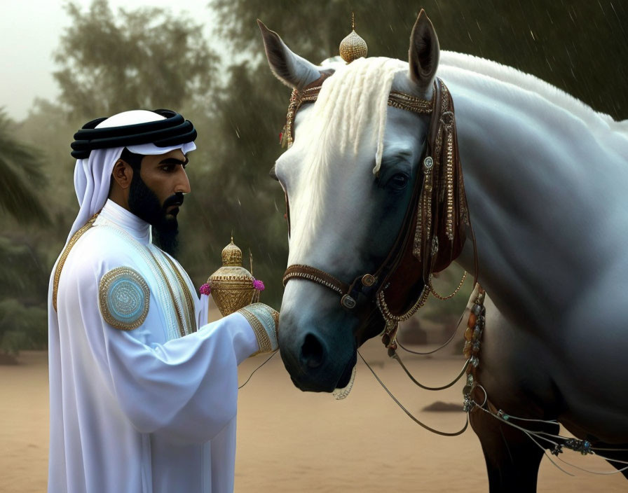 Traditional Arab Attire Man with White Horse in Desert Environment