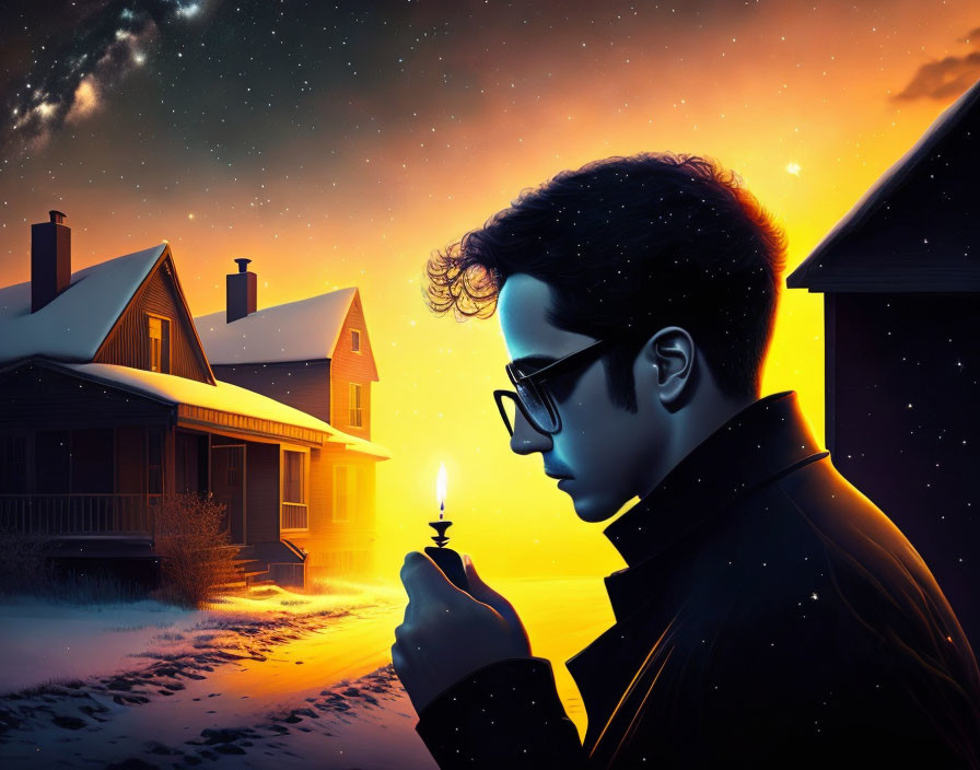 Digital Artwork: Person with Glasses Holding Lit Matchstick in Snowy Twilight