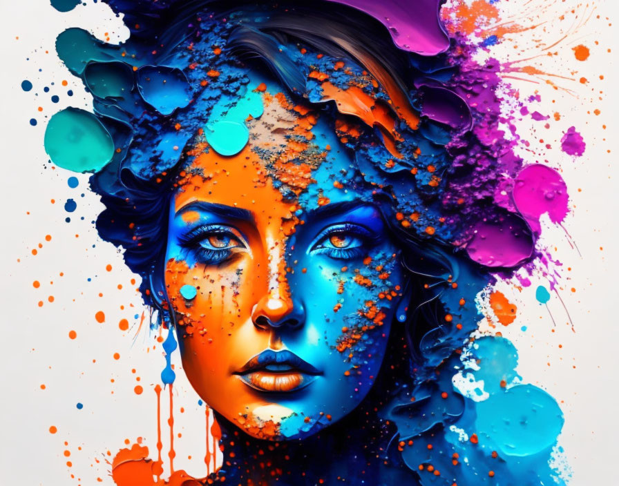 Colorful portrait of woman with blue skin and paint splatters blend.