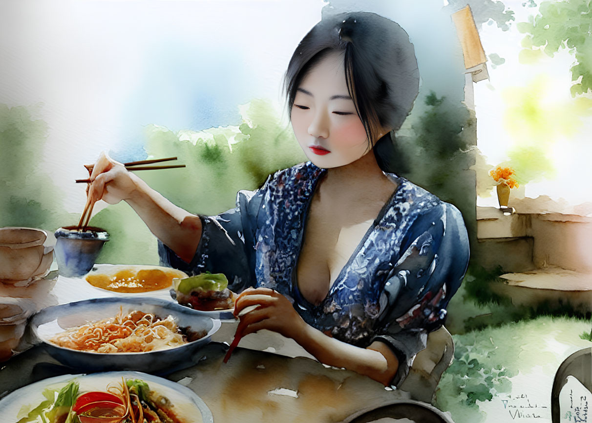 Woman eating with chopsticks from various dishes in blue garment illustration