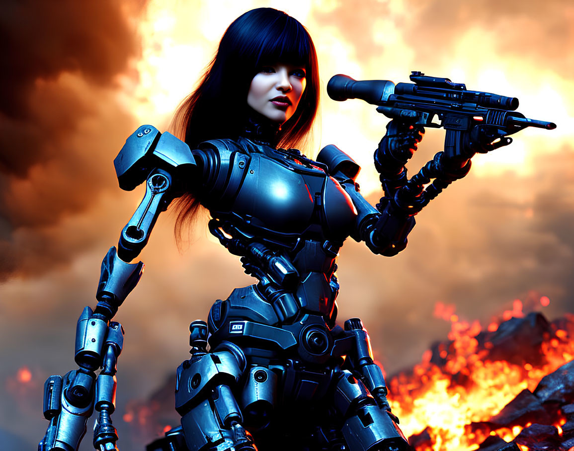 Female Cyborg in Futuristic Armor with Rifle on Fiery Background