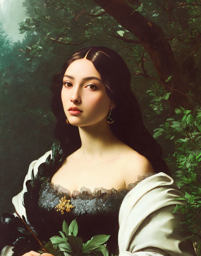 Portrait of woman with dark hair in white off-shoulder dress against forest background