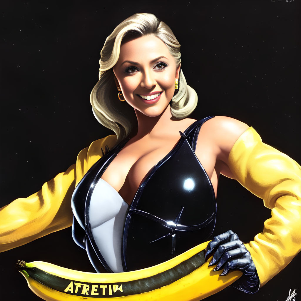 Blonde woman in black, white, and yellow outfit holding a banana with "ATRETI4