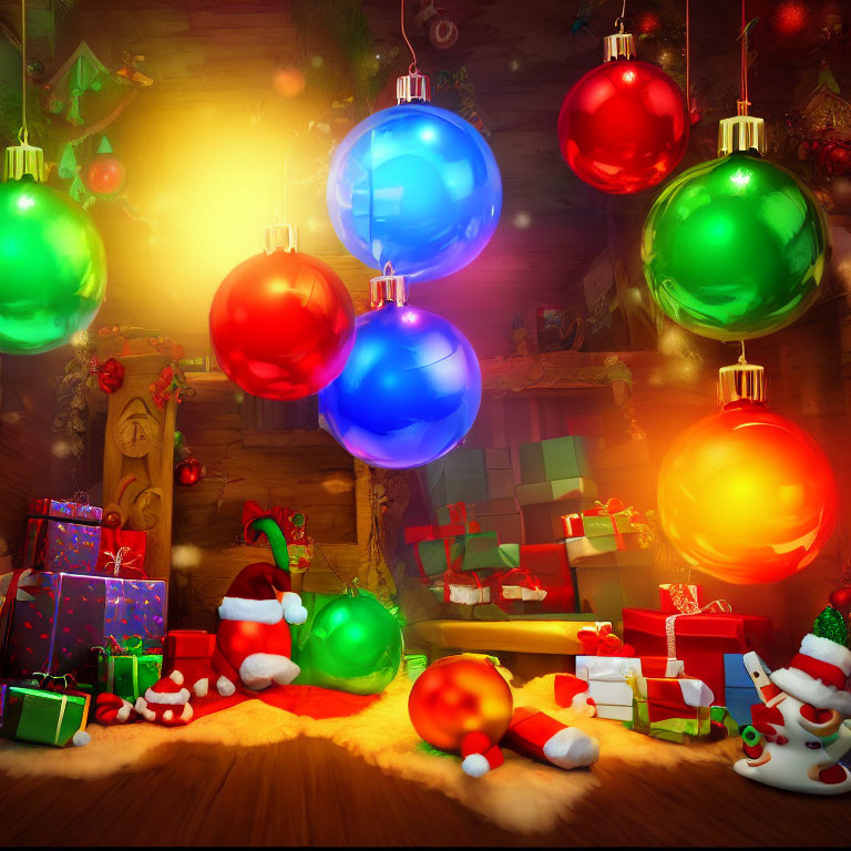Cozy Christmas-themed room with colorful ornaments, presents, and Santa hat