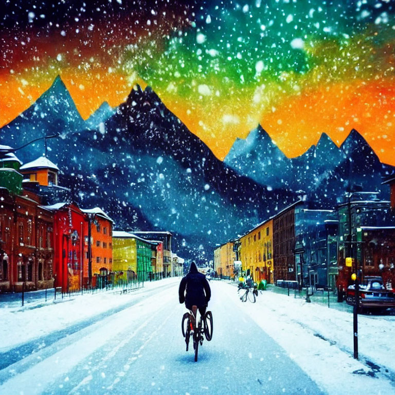 Person cycling on snowy street at dusk with colorful buildings, mountains, and starry sky.