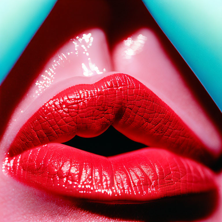 Detailed Close-Up: Red Lips with Glossy Lipstick on Turquoise Background