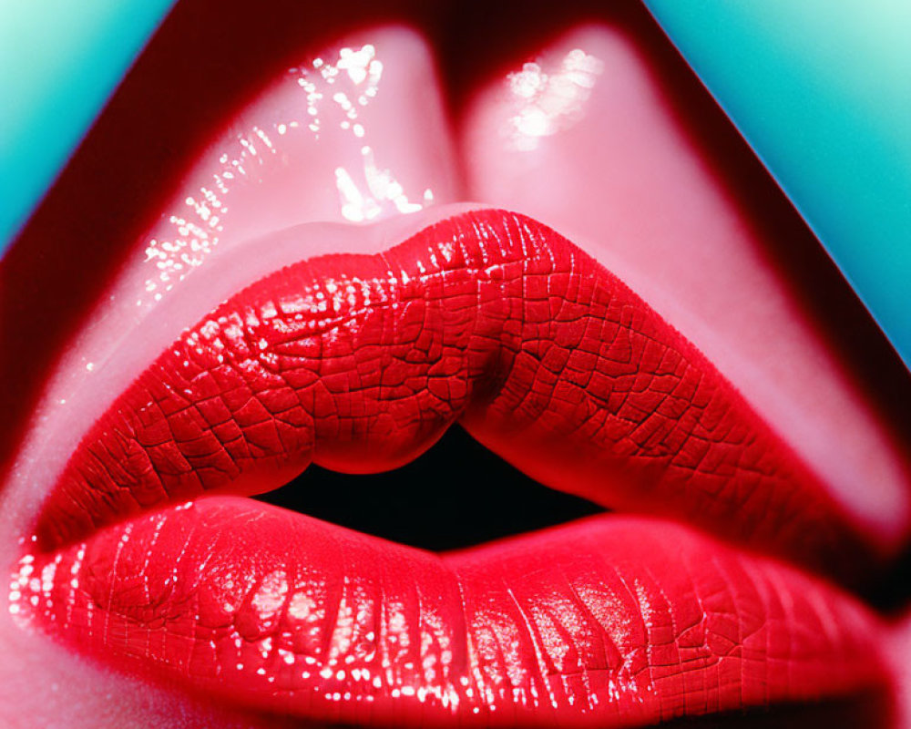 Detailed Close-Up: Red Lips with Glossy Lipstick on Turquoise Background