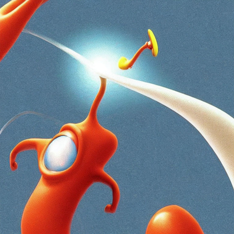 Orange, one-eyed animated character reaching for yellow tack under bright light