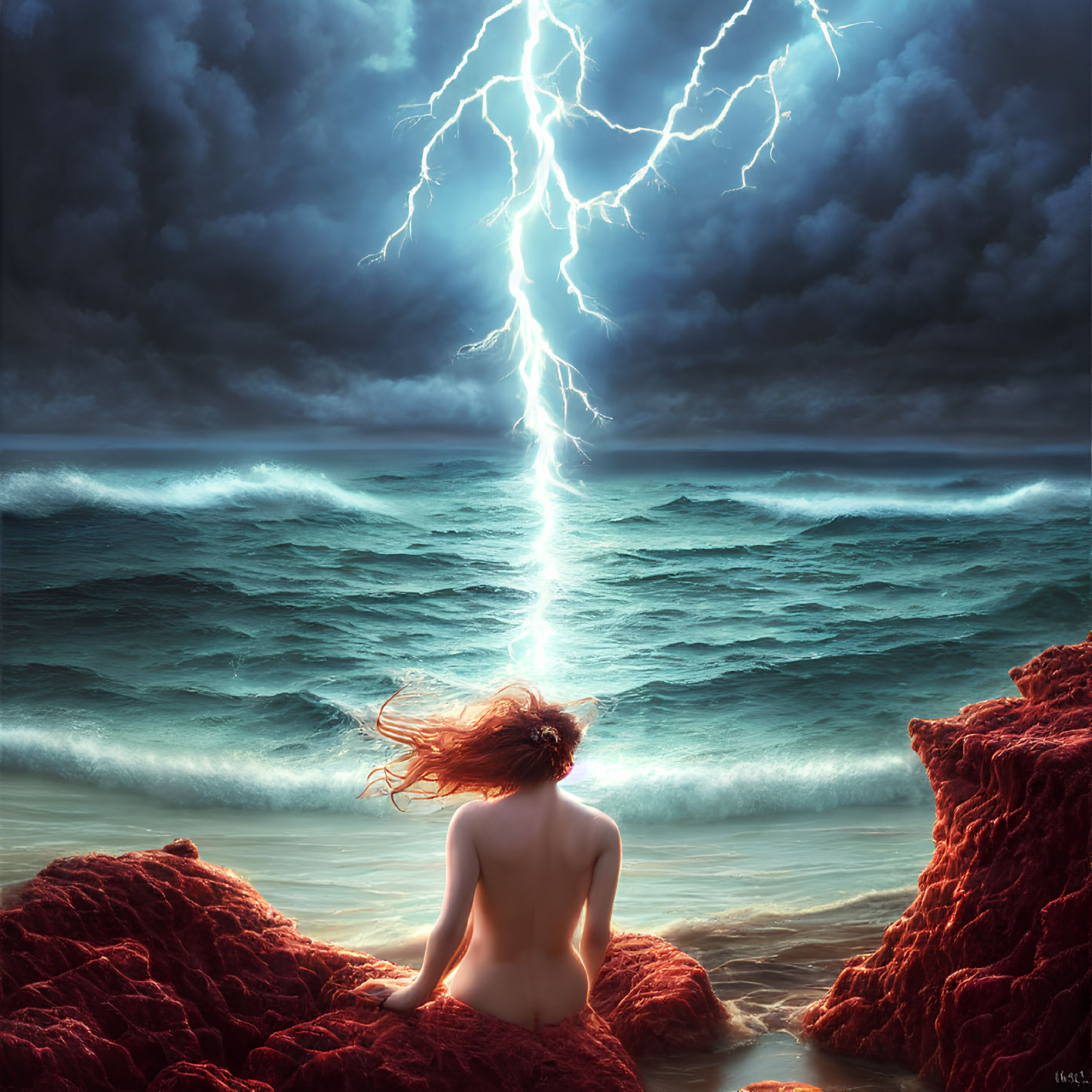Person sitting on red rocks by stormy sea with lightning bolt in dark sky