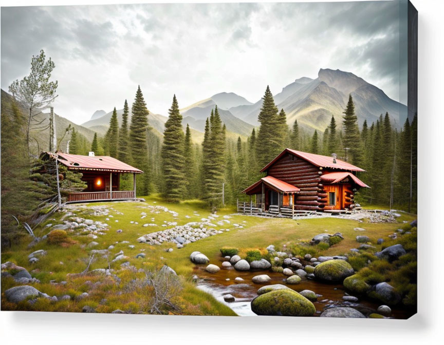 Wooden cabins in pine forest with stream on cloudy day