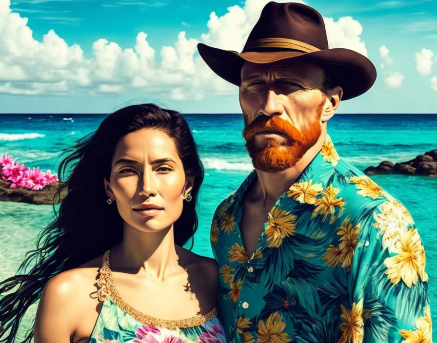 Man with ginger beard and woman in floral dress by the ocean