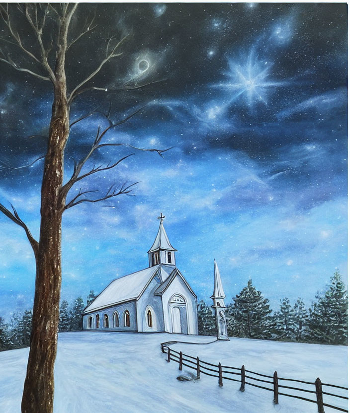Winter Night Church Scene with Bare Tree and Snow-covered Ground