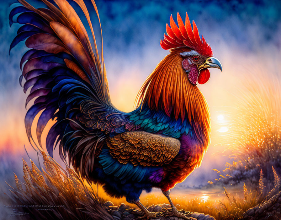 Colorful Rooster in Wheat Field at Sunrise