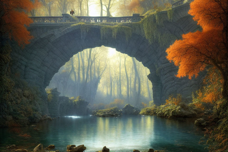 Tranquil river with stone bridge in misty autumn forest